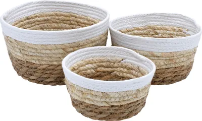 Produktbild von Kleine Seegras Körbe im 3er Set - Deko Aufbewahrungskorb in 21 / 18 / 15 cm in natur / weiß