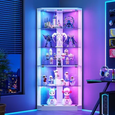 Image de Vitrine éclairée par LED avec portes en verre, 175 cm, 5 étagères, blanche