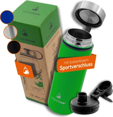 Produktbild von coolrhino Edelstahl Thermo-Trinkflasche 530-ml / 950-ml für Sport, Outdoor & Kinder - Isolierflasche BPA frei - Thermos-Flasche doppelwandig inkl. Sport-Deckel - auslaufsichere Edelstahl-Trinkflasche