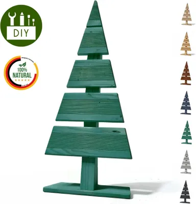 A green, wooden, Christmas tree-shaped shelf display.