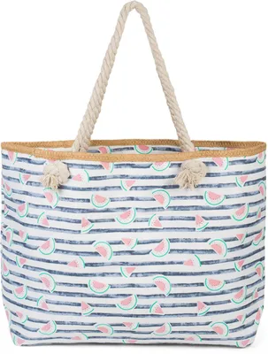 Produktbild von styleBREAKER XXL Strandtasche mit Melonen Print und Streifen | Damen Shopper mit Kordelhenkeln und Reißverschluss | Badetasche mit Früchte Muster | 59 x 38 x 15 cm