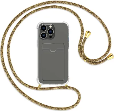 Produktbild von Handykette Backcover-Schutzhülle mit Band (Metall goldfarben) für Apple iPhone 14 Pro Max (6.7'') - braun+beige