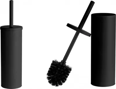 A black toilet brush and holder set displayed against a white background.