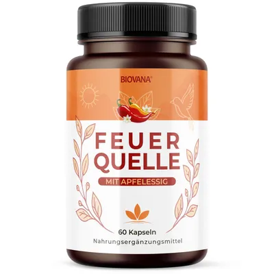 Produktbild von Feuerquelle Kapseln | Mit Vitamin C (trägt zu einem normalen Energiestoffwechsel bei) | mit Apfelessig & Gewürzen | 60 Kapseln