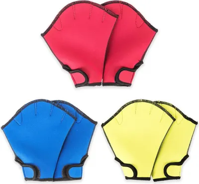 Produktbild von 3 Paar Schwimmhandschuhe(Rot, Blau, Gelb)- Aquatic Schwimmentraining Handschuhe für Den Oberkörperwiderstand, Neopren Handschuhe Fur Schwimmtraining, Schwimmen Zubehör Fur Surfen Schnorcheln