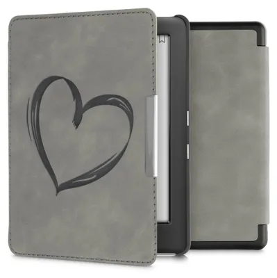 Produktbild von kwmobile Schutzhülle für Kobo Glo HD / Touch 2.0 Hülle - eReader Case aus Kunstleder mit Auto Sleep Funktion - Herz Brush mit Grau