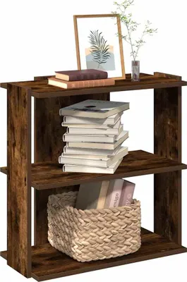 A three-shelf bookcase with books and a basket on display.