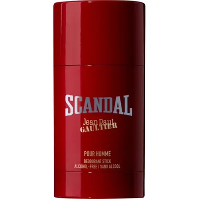 A red deodorant stick with silver text on a white background.