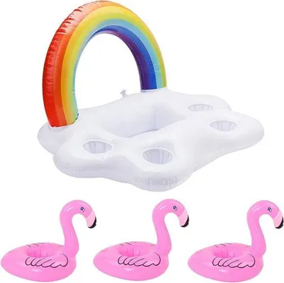Produktbild von Aufblasbare Getränkehalter-Set – Regenbogenwolke und Flamingo – Perfekt für Poolpartys, Wasserspaß und Dekoration im Garten