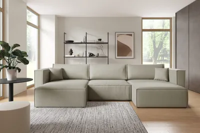 Produktbild von Furnisell U Form Sofa Velour Ecksofa Bettkasten Schlaffunktion "KEYMON U", Hellgrau