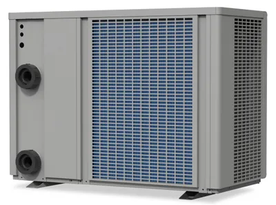 A gray pool heat pump with a blue grille is shown against a white background.