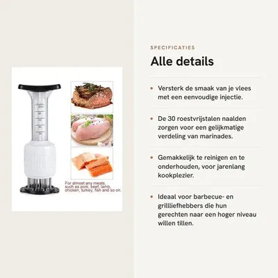 Produktbild von Hochwertiger Fleischmarinade-Injector - Edelstahl - 30 Nadeln - Dauerhaft - Sicher und Einfach zu Reinigen - Fleischinjektionspistole