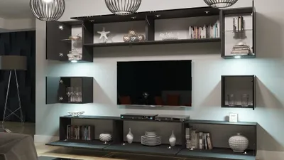 Produktbild von Furnitech Wohnwand Wohnzimmer - Wohnzimmer Möbel mit LED RGB - Hängend Wohnwand Modern - Wohnzimmer Schrankwand(Nowara AN1-17W-HG21 1B)