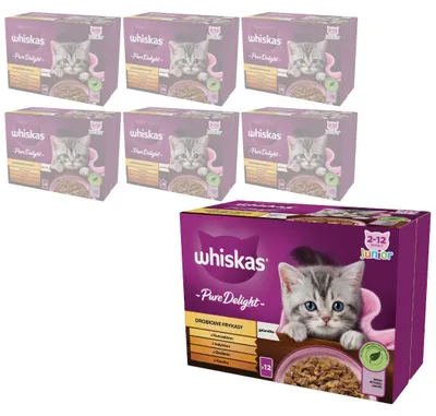 Zdjęcie produktu dla WHISKAS Junior Saszetki 84x85g Drobiowe Frykasy Mokra Karma Dla Kociąt w Galaretce Kawałki z Kurczakiem Indykiem Drobiem Kaczką
