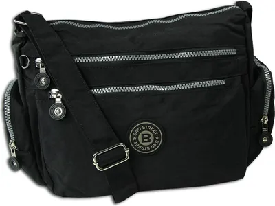 A black shoulder bag with multiple zippered compartments and a prominent brand logo.