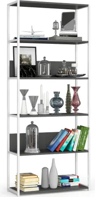 Produktbild von Bücherregal AKORD Metallregal mit Ebenen aus Holzwerkstoff Weiß Breite 80 cm 6 Ebenen Grau B80 x H192 x T32 cm