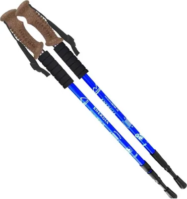A pair of blue and black adjustable trekking poles with brown cork handles, displayed against a white background.