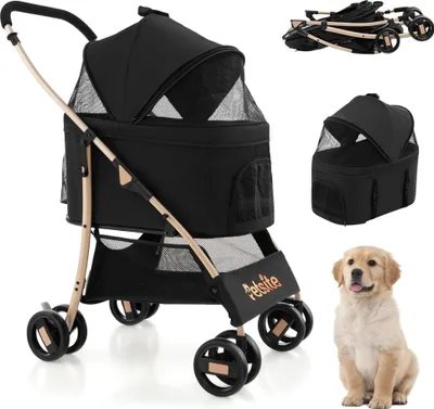 Produktbild von GOPLUS 3 in 1 Hundewagen, Hundebuggy mit abnehmbarem Träger, verstellbarem Vordach, Netzeingang mit Reißverschluss & Bodenkorb, Schwarz