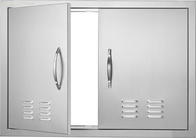 A stainless steel double door cabinet with handles and ventilation slots, shown with one door ajar.