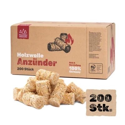 Produktbild von Heumüller Holzwolle 200 Stück Holzwolle-Anzünder Kaminanzünder - Grillanzünder | Anzünder aus Holzwolle & Wachs | Für Kamin, Ofen, Grill, Feuerstellen