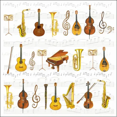 Produktbild von Servietten Papier 33x33cm 3-lagig mit Musikinstrumente Motiv 20 Stk.