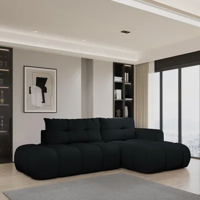Produktbild von Masseno Ecksofa FLUMA R-S mit Schlaffunktion L-Form, Sofa mit Bettkasten, Wohnzimmersofa, Couch, Soffa, Bettsofa, Couchgarnitur- Schwarz, QUELLE 100