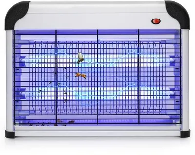 Immagine prodotto di Trappola per insetti elettrica Unyqoos® da 20W con lampada UV – griglia ad alta tensione su entrambi i lati, senza sostanze chimiche, efficace fino a 557 m², contenitore di raccolta e catena per il fissaggio, ideale per uso domestico e commerciale