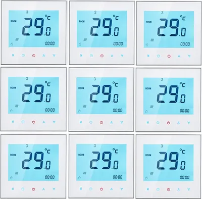 A collage of nine identical digital thermostats.