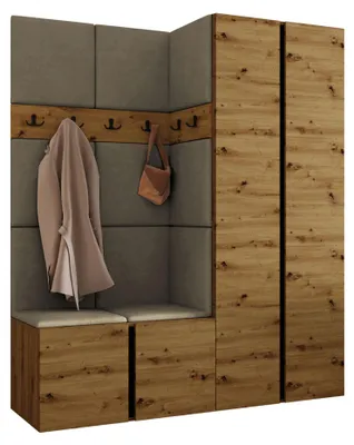 Produktbild von MIRJAN24 Garderoben-Set Orion III, Garderobe mit Sitzbank mit 11 x Wandpanel 42x42 (Farbe: Artisan Eiche + Schwarz, Polo 875), KI-generiertes Bild