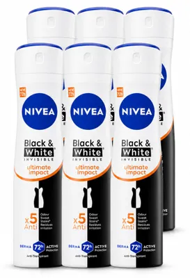 Imagen del producto de 6 unidades de desodorante en spray NIVEA Black & White Ultimate Impact, 150 ml cada uno. Paquete económico