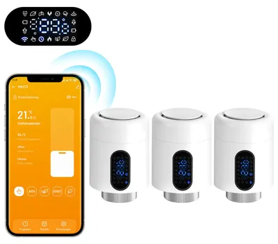 Obrázek produktu pro Eikuavons sada tří termostatů pro radiátory, bezdrátové (WLAN) inteligentní termostaty, bílé barvy, ovládání přes aplikaci bez nutnosti brány, 7 adaptérů na termostat