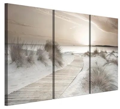 Produktbild von LUMASOUL Leinwand Bilder 3-teilig - Leinwandbild Natur Motiv - Wandbilder Holzrahmen und Webstuhl Wohnzimmer und Schlafzimmer - Bilder 90x60 cm Meerlandschaft 02