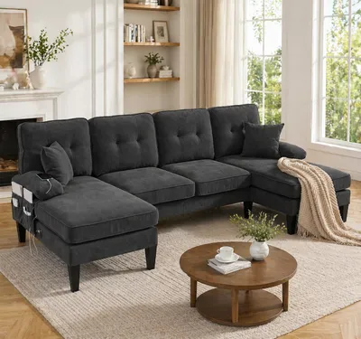 Produktbild von Wohnlandschaft Dunkelgrau U Form Sofa Grosses 4 Sitzer Couch mit zwei Chaise Lounges Leinen Polstersofa Modernes Ecksofa Inklusive Kissen Wohnzimmersofa XXL
