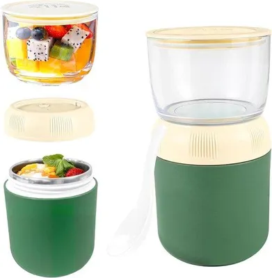 Zdjęcie produktu dla Kubki do jogurtu z pokrywką i łyżeczką, zielone, 700 ml