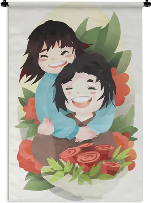 Produktbild von MuchoWow® Wandteppich Wandbehang Muttertag Illustration umarmen mit Blumenstrauß 90x135 cm Tapisserie Dekoration Wandtuch - Baumwolle - Wandskulptur