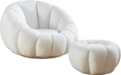 Produktbild von SalesFever Sessel und Hocker Set | mit 360° Drehfunktion | Bezug Teddyfell | Gestell Metall | B 97 x T 95 x H 65 cm | weiß