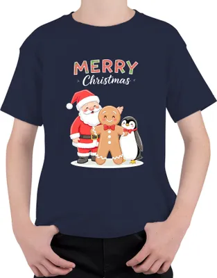 Produktbild von Merry Christmas Weihnachtsmann Lebkuchenmann Pinguin Weihnachten Uni Kinder T-Shirt, Navy, 140