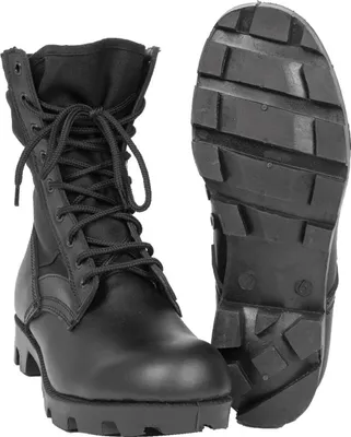 A pair of black jungle boots, one shown from the front and the other from the sole.