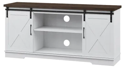Produktbild von TV Lowboard im Landhausstil - TV-Schrank für Wohnzimmer - Für Fernseher bis 165 cm - Schiebetüren im Scheunenstil - Stauraum mit Regalen - Holz - Weiß
