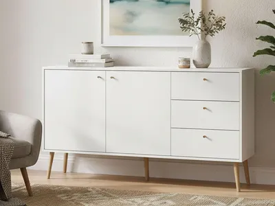 Image de Erina - Buffet, 147x39x82h cm Blanc, 3 Tiroirs