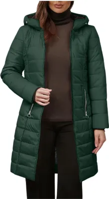 Produktbild von ASKSA Damen Wintermantel Warm Gefuettert Steppjacke Lang Winterparka Winter Fleece Jacke Winddicht Outdoorjacke mit Kapuze (Dunkelgruen,XL)