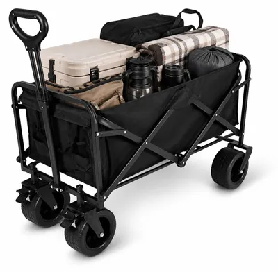 Obrázek produktu pro Eurocatch, skládací vozík XL – transportní vozík – extra široká kola z PVC – nosnost 180 kg – nastavitelná tažná tyč – vhodný pro kempování a pláž – černá barva