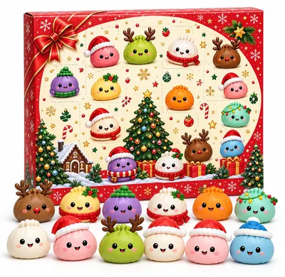 Produktbild von Dumpling Squishy Adventskalender 2026, 24 Tage Weihnachts-Countdown mit Überraschungsfächern aus TPR, 28 x 16 x 3 cm, KI-generiertes Bild