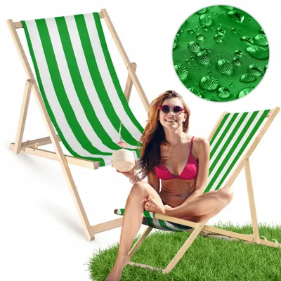 Produktbild von Liegestuhl klappbar aus Holz mit weiß-grünem Streifen-Motiv – Klappstuhl Klappliege Sonnenstuhl Strandstuhl Gartenliege