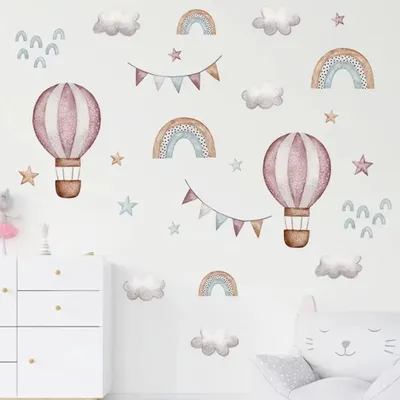 Produktbild von Aquarell Rosa Heißluftballon & Regenbogen Wandaufkleber – Dekorative Wolkensticker für Kinderzimmer, Babyzimmer, Wohnraum Dekoaufkleber