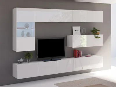 Produktbild von Wohnwand CALABRINI-4 Wohnzimmer-Set Hängewohnwand Schrankwand mit LED-Beleuchtung TV-Schrank Vitrine Moderne Anbauwand Hochglanz (Weiß)