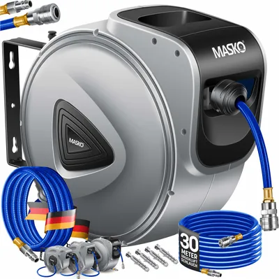 Produktbild von MASKO® Automatik Druckluftschlauch Aufroller – Schlauchtrommel mit 1/4" Anschluss, Schlauchaufroller, Wandhalterung, Tragegriff, 180° schwenkbar, Schlauchbremse, vormontiert & sofort einsatzbereit