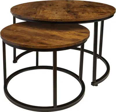 Two round nesting tables with wood-look tops and black metal frames are shown against a white background.