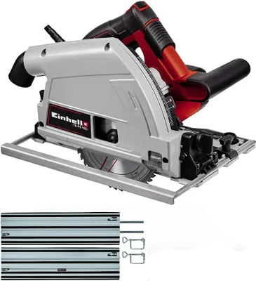 A circular saw and guide rail are shown against a white background.