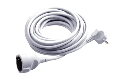 A white extension cord coiled on a white background.